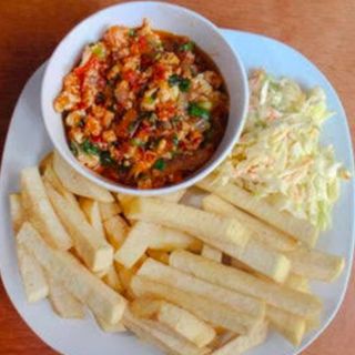 Fried plain yam with egg sauce 