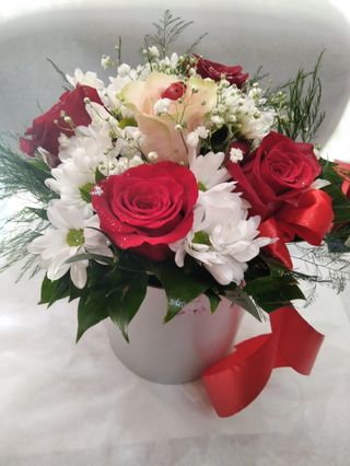 Flower box 4 crvene ruže, 1 bijela, 1 margareta