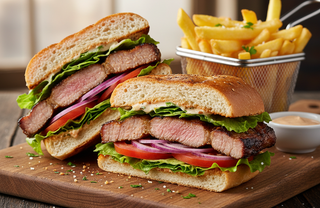 Sandwich cu ceafă de porc și cartofi prăjiți