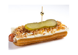 CHURRO FRANKFURT QUESO CEBOLLA CRISPY Y PIMIENTOS