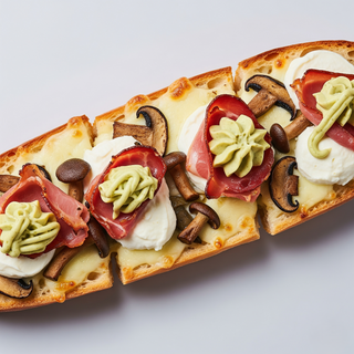 Baguette con mozzarella, stracchino, speck, funghi porcini, crema di carciofi e salsa di pomodoro a parte