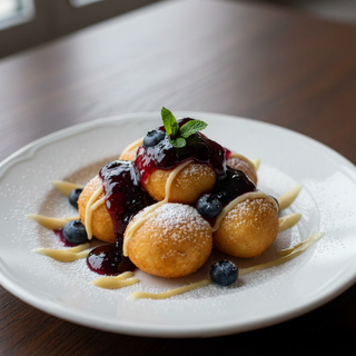 Papanași prăjiți cu sos de vanilie și gem de afine