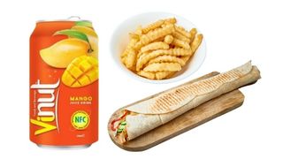 Rollo kebab tortilla, Napój o smaku mango, frytki