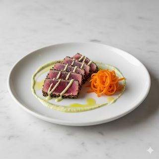 Tataki di tonno rosso, sesamo tostato, alga wakame e teriyaki