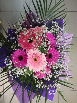 Букет от 7 гербера с богата зеленина и луксозна опаковка (1бр)