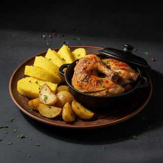 Pui la tuci cu mămăligă și cartofi