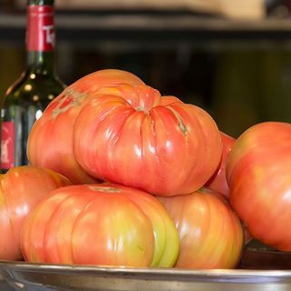 Tomate rosa con ajo, cebolla de fuentes y ventresca
