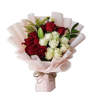 Red and White Roses + Lily