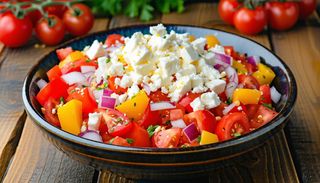 Домат с печен пипер и запечено овче сирене