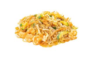 617 Spaghetti di soia cinesi saltati con gamberi, verdure 