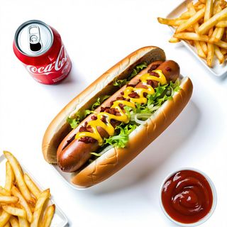 Hod dog con patatine fritte e lattina Coca-Cola