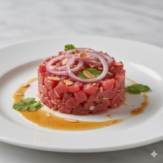 Tartare di tonno e mandorle con salsa ponzu e cipolla di Tropea