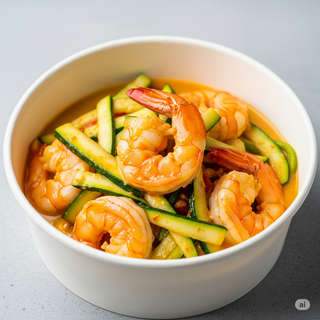 Bol de langostino al curry y calabacín con arroz blanco