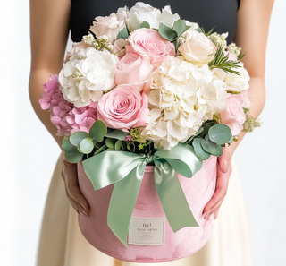 Aranjament floral în cutie cu hortensie, trandafiri pink și eucalipt