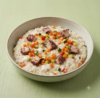 Risotto con latte di cocco, polpo e ortaggi