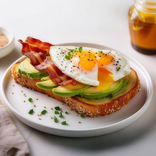 Tostada bacon, aguacate laminado y huevo a la plancha