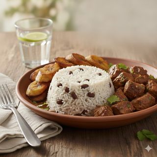Rice & Beans + Moi Moi/Plantain + Beef and Water