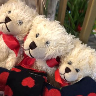 Maskotka niedźwiadek z czerwoną kokardą