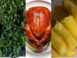 Whole spiced grilled chicken with steamed matooke fingers and green vegetables 