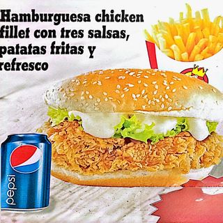 Chicken fillet burger + patatas + refresco