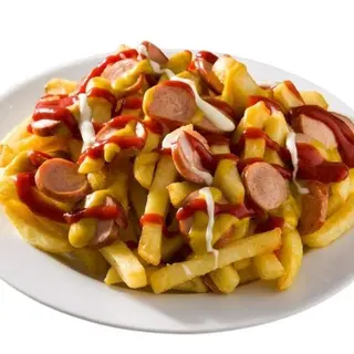 VASCHETTA DI PATATINE FRITTE CON WURSTEL CON BUSTINA DI KECTUP E MAIONESE