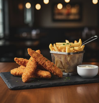 Tiras de pollo crujiente con patatas fritas