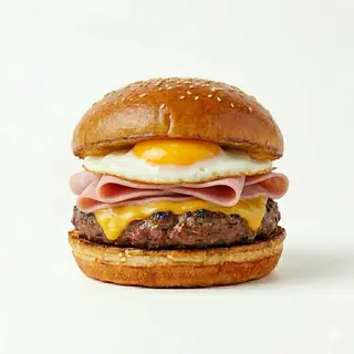 Hamburguesa con jamón york, queso y huevo frito