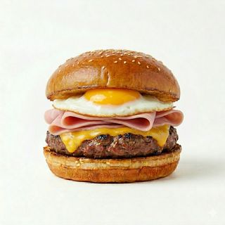 Hamburguesa con jamón york, queso y huevo frito