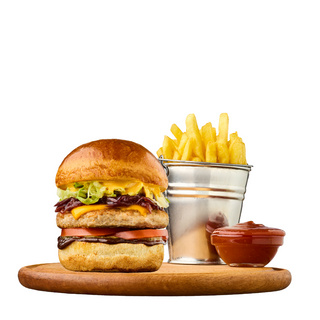 Фест меню: бургер зі свининою, картоплею фрі та соусом кетчуп (470г)