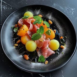 Sweet Melon and Peach Salad with Mint, Jamon and Cashews