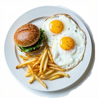 Plato De Huevos Fritos Con Hamburguesa Y Patatas