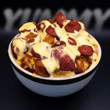 ფრი ბეკონი ქათამი სოსისით ყველის სოუსში