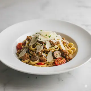 Fettuccine con funghi porcini, sbriciolata luganega, pomodorini e scaglie di grana