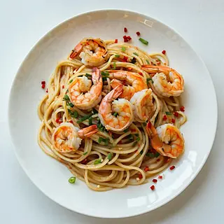 Spaghetti cinesi con gamberi alla piastra