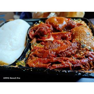 Pounded Yam, Efo and Goat Meat