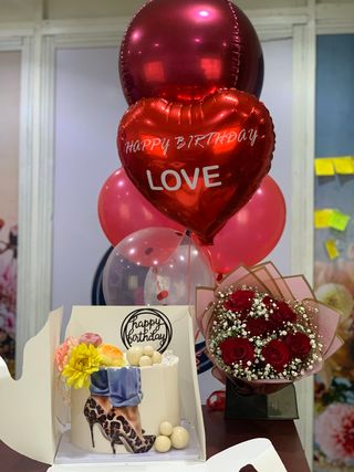 Birthday Combo of Half Dozen Roses, Birthday Cake and Balloons
