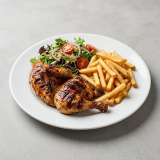 Pollo a la brasa con patatas fritas y ensalada