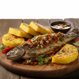 Saramură de pastrav și mămăliguță coaptă la plită