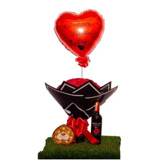 Large red bouquet, baloon , sweet lips Red wine and chocolates