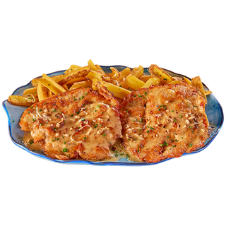 ПИЛЕШКИ СКАЛОПИНИ С ЕМБЛЕМАТИЧЕН СОС И ГАРНИТУРА ПО ИЗБОР