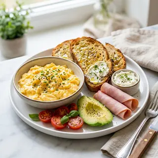 Plato De Huevos Con Aguacate, Tomate, Crema De Queso, Jamón Y Pan