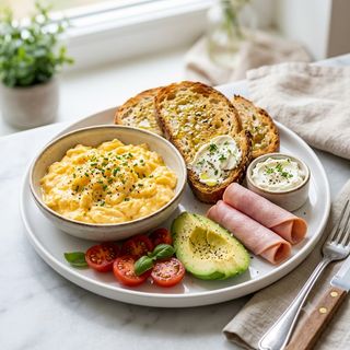 Plato De Huevos Con Aguacate, Tomate, Crema De Queso, Jamón Y Pan