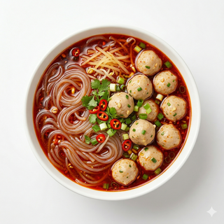 Sopa de fideos de patata picante con albóndigas chinas (瘦肉丸酸辣粉)
