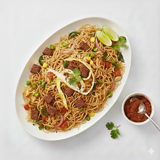 Noodles saltati con verdure, uova e manzo