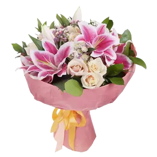 Bouquet con gigli, gerbere e rose
