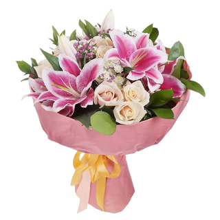 Bouquet con gigli, gerbere e rose