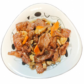 135. Свинско с ароматни гъби и зеленчуци (700г)