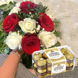 Bouquet de Fleurs rouge et blanc et Chocolats Ferrero