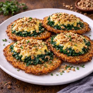Placki ze szpinakiem żółtym serem i prażonymi orzechami /4 szt/.