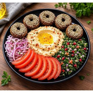Falafel cu hummus si salate la farfurie